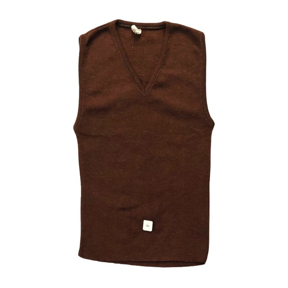 Retro Vintage 1960s Dark Brown V-Neck Sleeveless Knit Top Sweater Vest